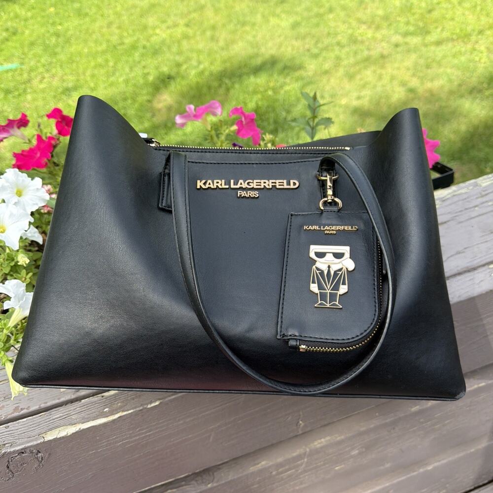 Karl Lagerfeld Paris Black Tote Bag Karl Ikonik Charm Pouch Gold Designer Purse